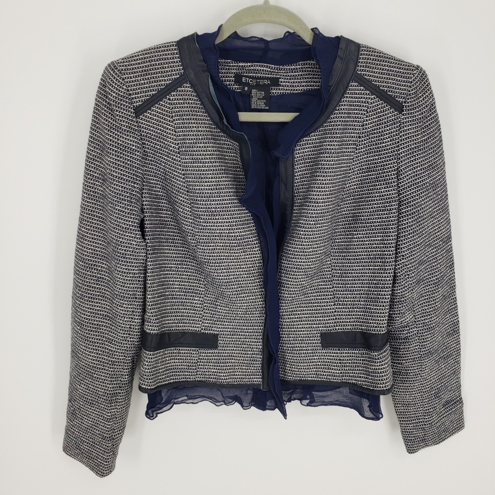 Etcetera Textured Tweed Leather Trim Blazer Jacket Women Size 8 Navy Blue Ruffle